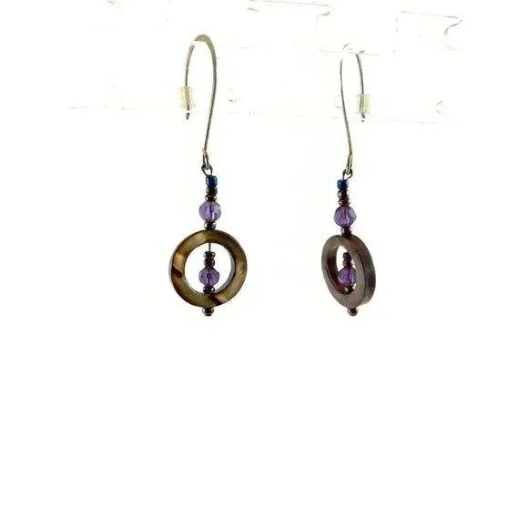 Brown Seashells Purple Faceted Bead Fish Hook Earrings - Picture 9 of 9